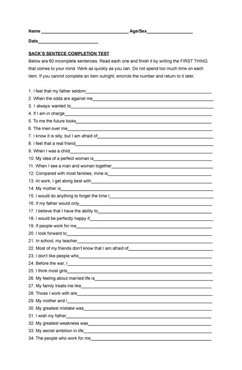 Sack's Sentence Completion Test .